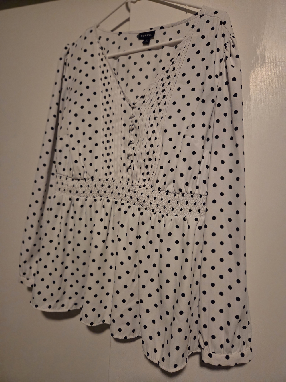 torrid White with Black Polka Dot Smocked Waist Peasant Blouse